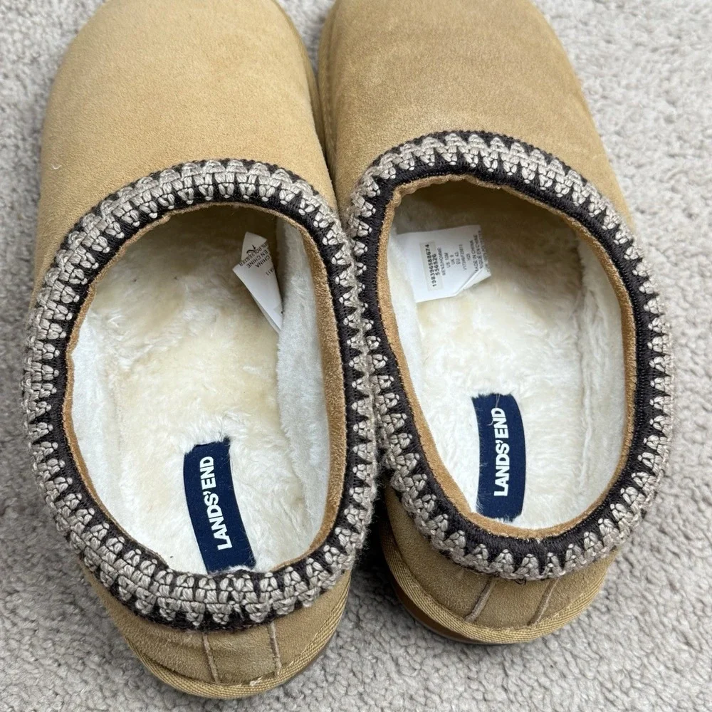 Land's End Suede‎ Tan Slippers Size Mens 10 EUC Soft Lining Lounge Cozy